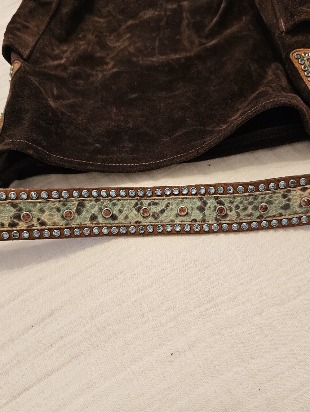 LeatherRock USA Slouchy Brown Suede Shoulder Bag w/ Crystal Handle - Picture 5 of 11